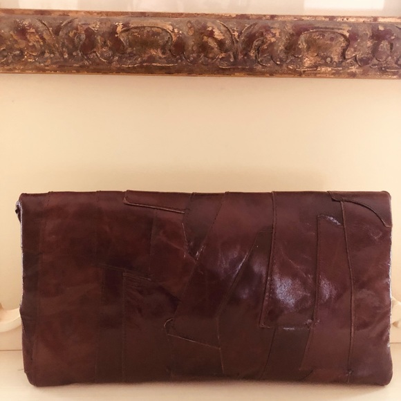 Vintage 1970’s brown leather patchwork Camila flower fold clutch handbag purse - Picture 6 of 6